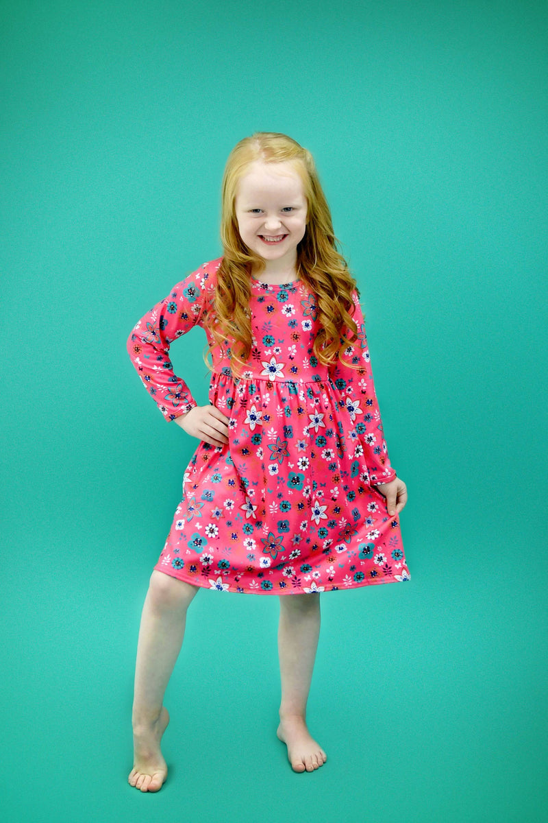 Bright Pink Long Sleeve Milk Silk Floral Dress - Great Lakes Kids Apparel LLC