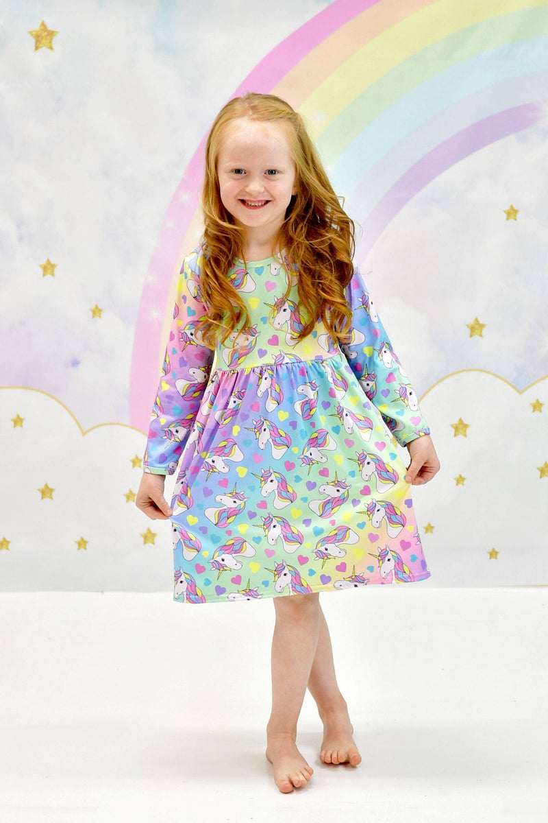 Sparkle Like A Unicorn Long Sleeve Milk Silk Dress - Great Lakes Kids Apparel LLC