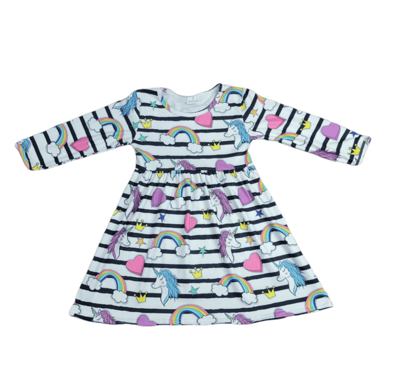 Unicorns and Rainbows Striped Long Sleeve Milk Silk Dress - Great Lakes Kids Apparel LLC