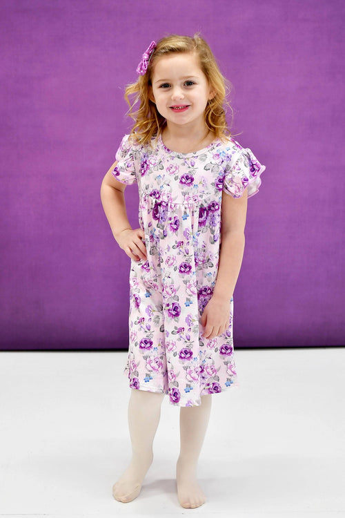Purple Floral Milk Silk Flutter Dress - Great Lakes Kids Apparel LLC