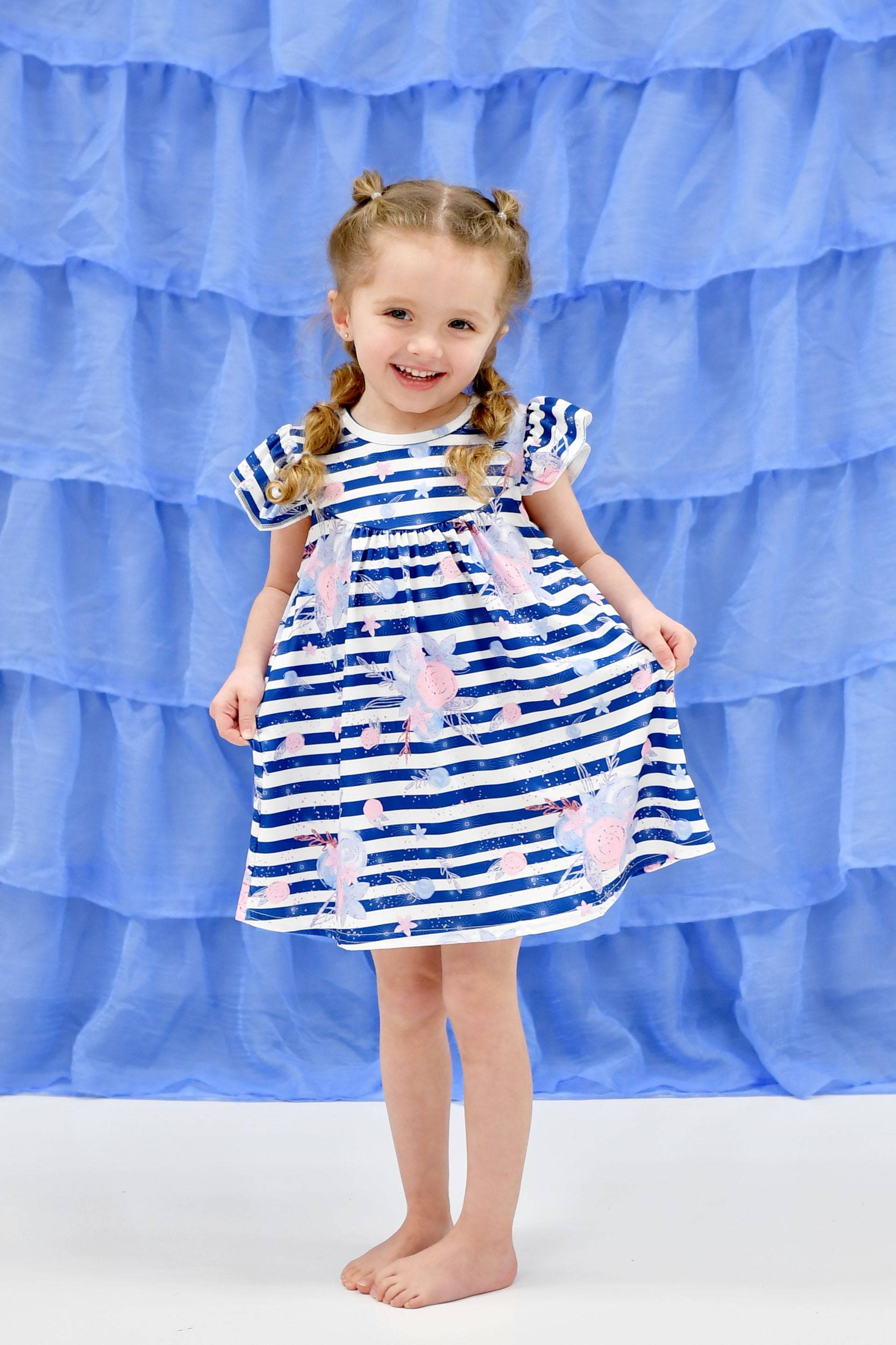 Pale Blue Stripe Floral Milk Silk Flutter Dress Pale Blue Stripe Floral Milk Silk Flutter Dress
