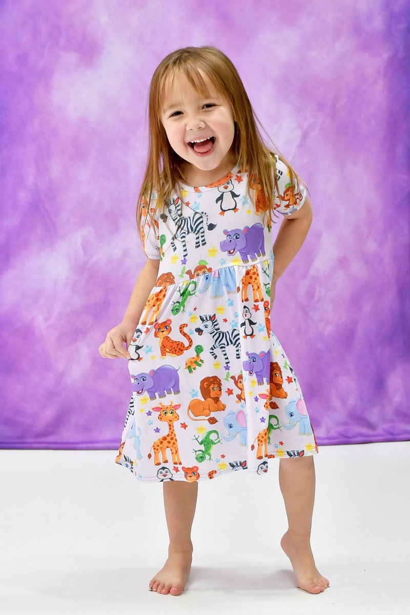 Cartoon Zoo Short Sleeve Milk Silk Dress - Great Lakes Kids Apparel LLC