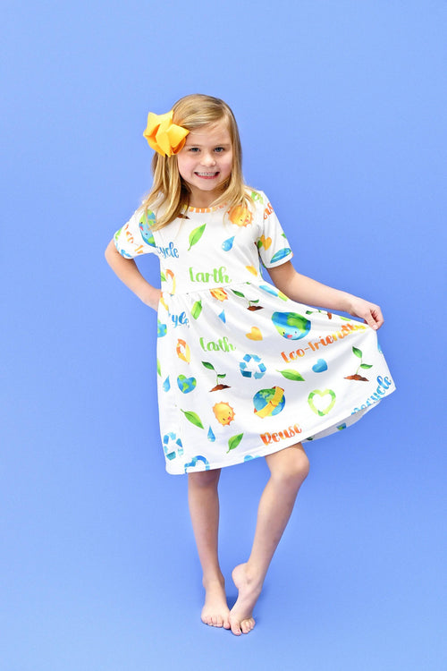 Earth Day Short Sleeve Olivia Milk Silk Dress - Great Lakes Kids Apparel LLC