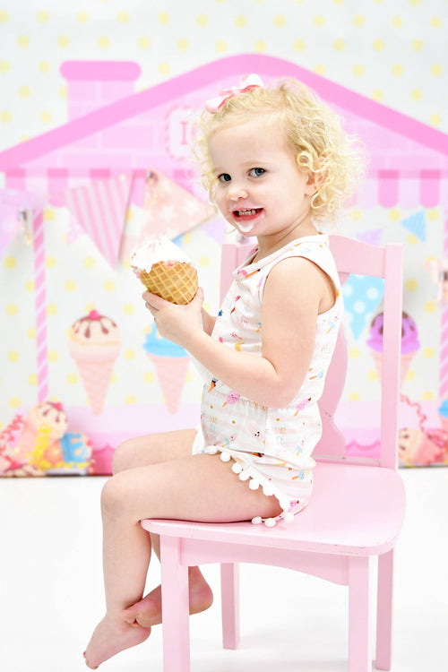 Summer Ice Cream Milk Silk Pom Pom Romper - Great Lakes Kids Apparel LLC
