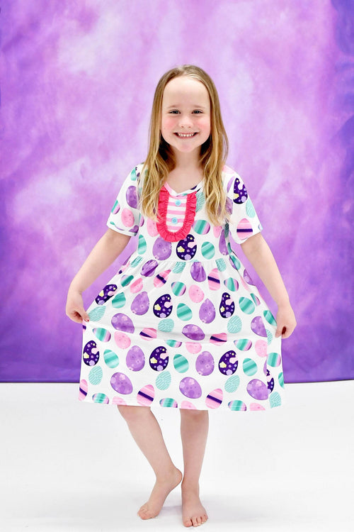 Easter Ruffle and Button Short Sleeve Milk Silk Dress - Great Lakes Kids Apparel LLC