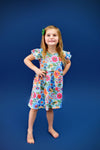Blue Summer Floral Milk Silk Long Flutter Dress - Great Lakes Kids Apparel LLC