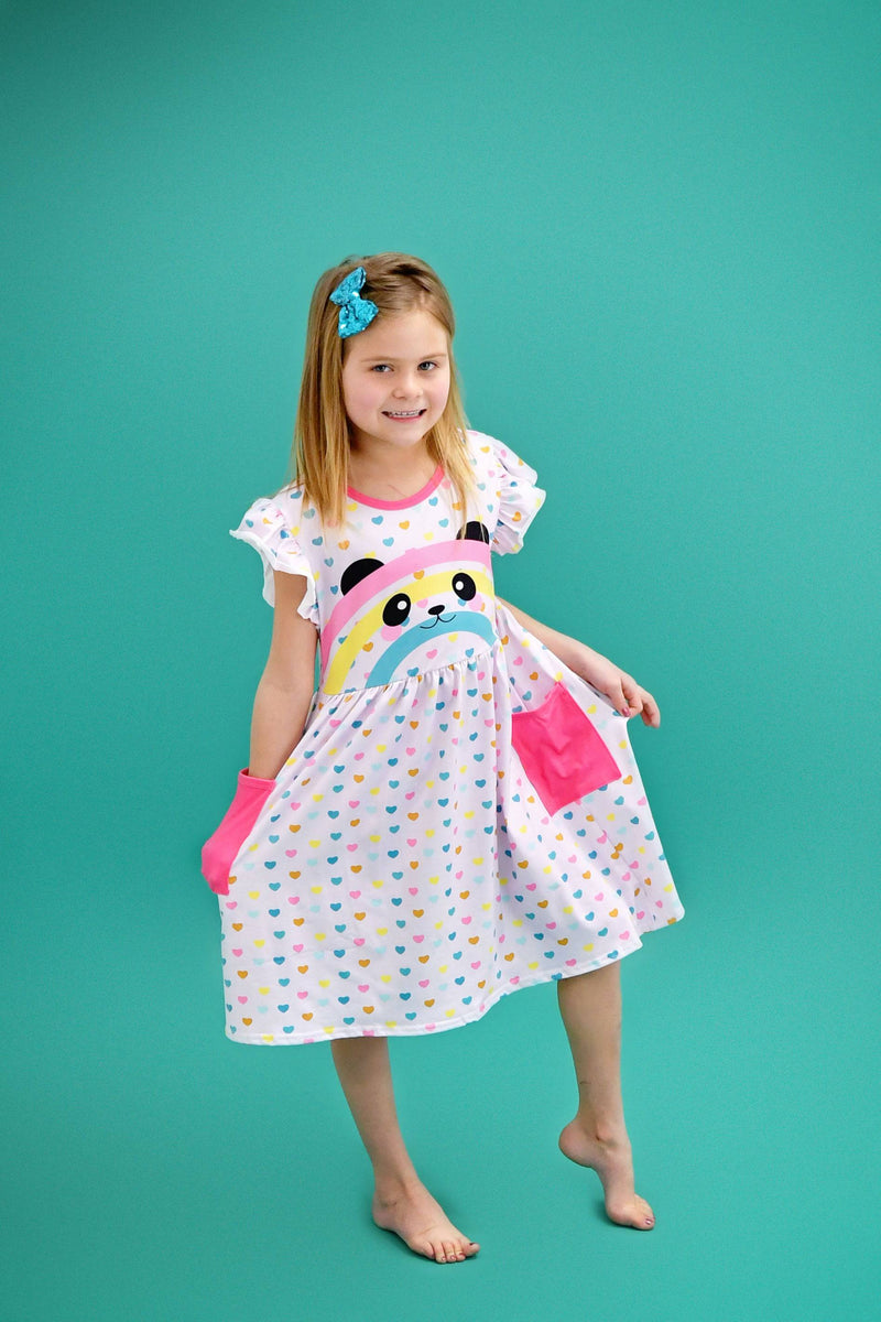 Panda Rainbow Long Flutter Milk Silk Dress With Pockets - Great Lakes Kids Apparel LLC