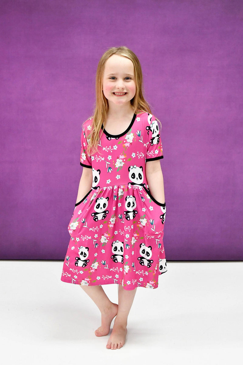 Pink Panda Short Sleeve Pocket Milk Silk Dress - Great Lakes Kids Apparel LLC