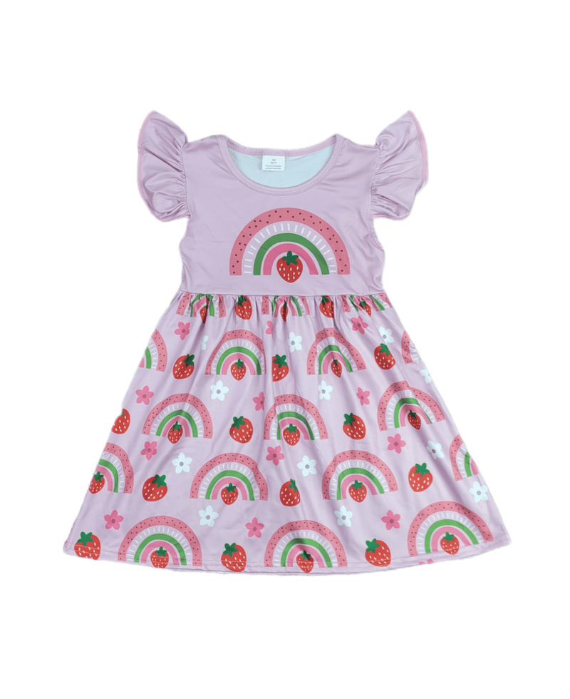 Strawberry Rainbow Long Flutter Milk Silk Dress - Great Lakes Kids Apparel LLC