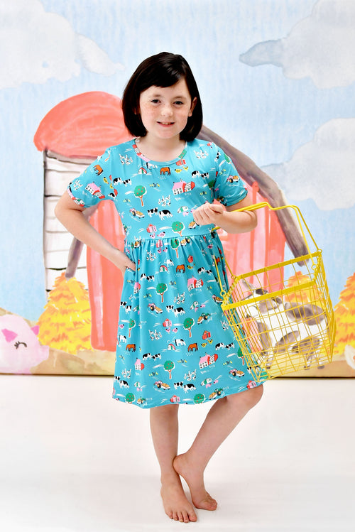 Teal Farm Short Sleeve Milk Silk Dress - Great Lakes Kids Apparel LLC