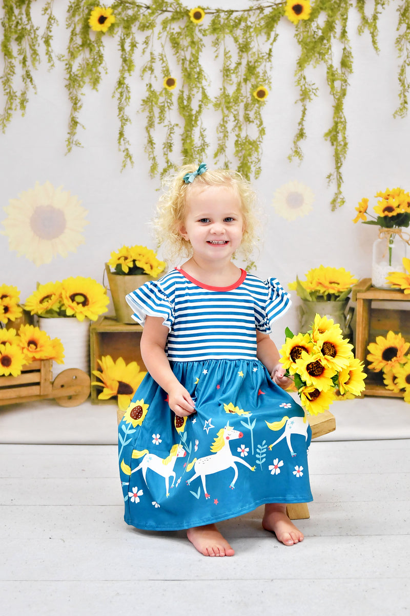 Sunflowers and Unicorns Milk Silk Long Flutter Dress - Great Lakes Kids Apparel LLC