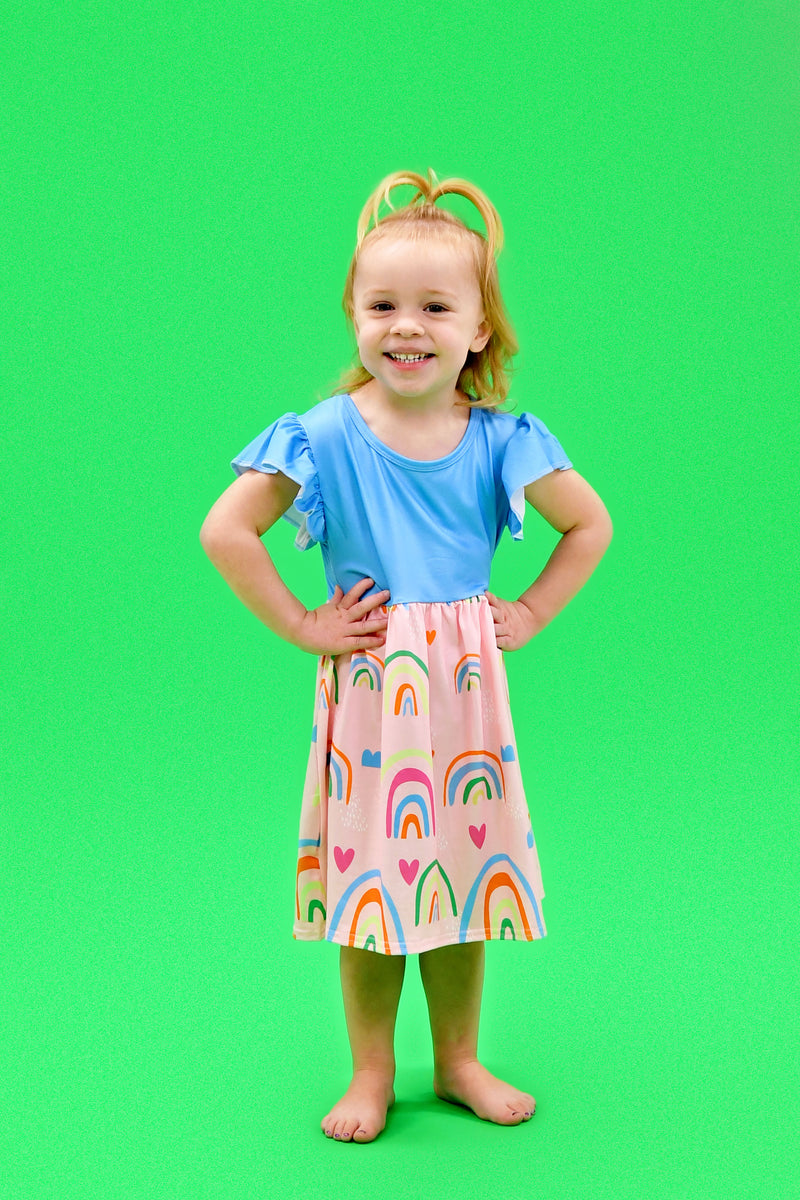 Blue Skies and Rainbows Long Flutter Milk Silk Dress - Great Lakes Kids Apparel LLC