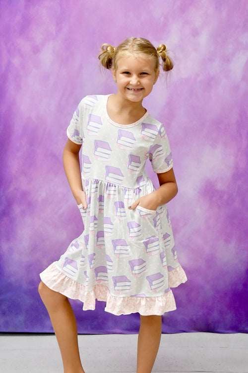 Book Lover Short Sleeve Pocket Milk Silk Dress - Great Lakes Kids Apparel LLC