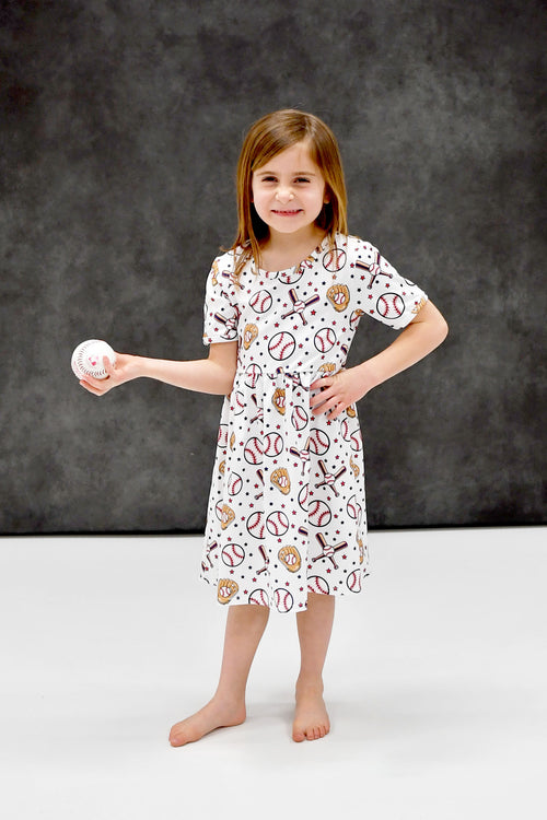 Take Me Out To The Ball Game Short Sleeve Milk Silk Dress - Great Lakes Kids Apparel LLC