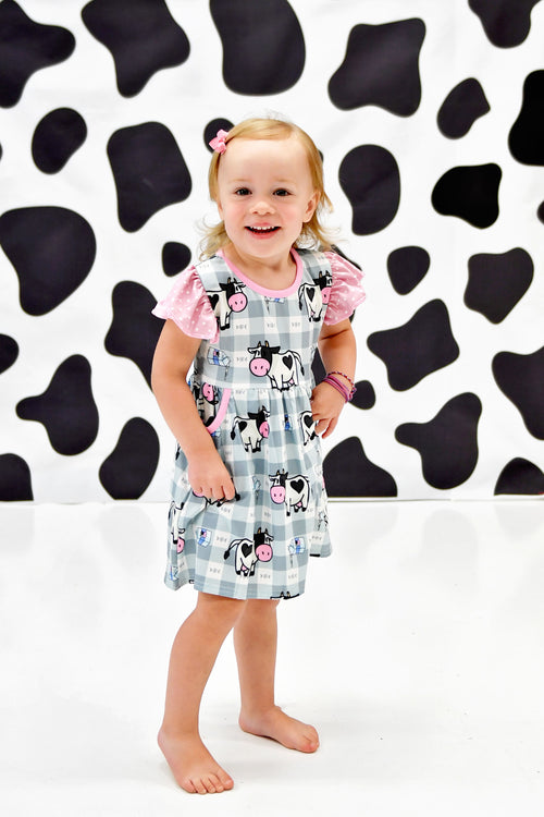 Plaid Cow Long Flutter Pocket Milk Silk Dress - Great Lakes Kids Apparel LLC