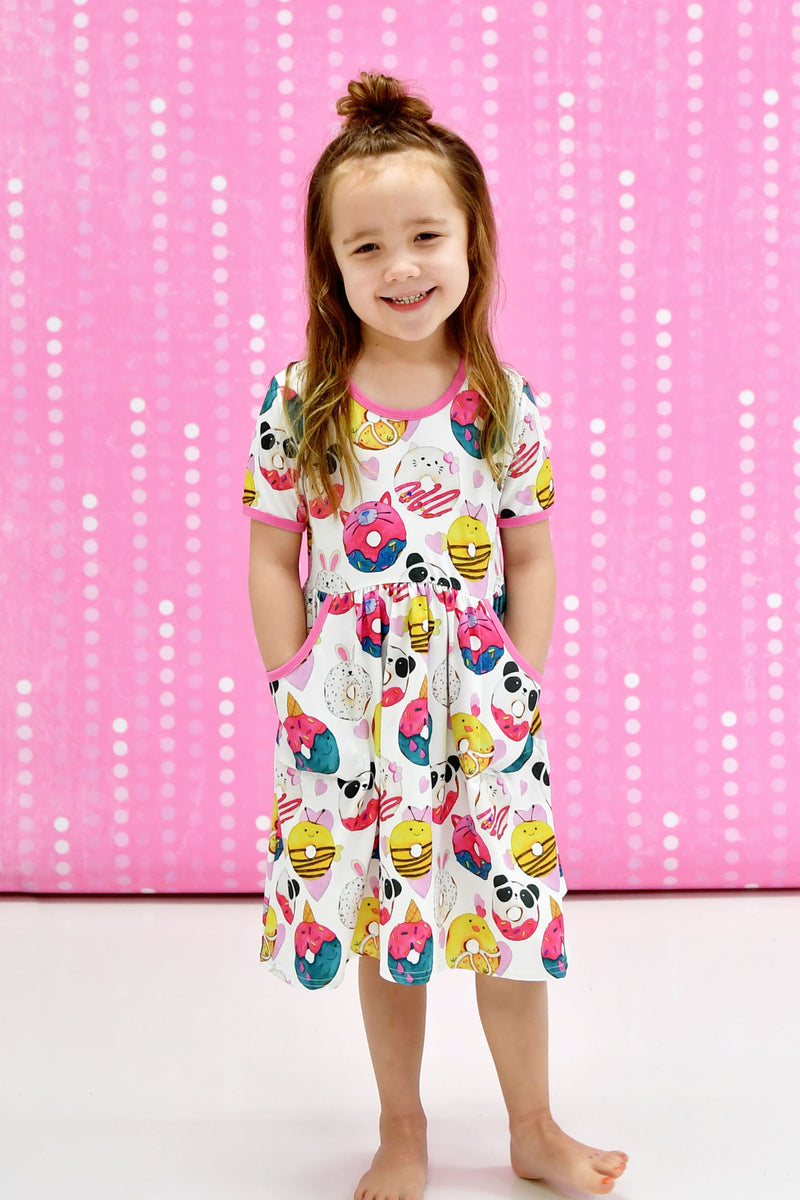Animal Donuts Short Sleeve Milk Silk Dress - Great Lakes Kids Apparel LLC