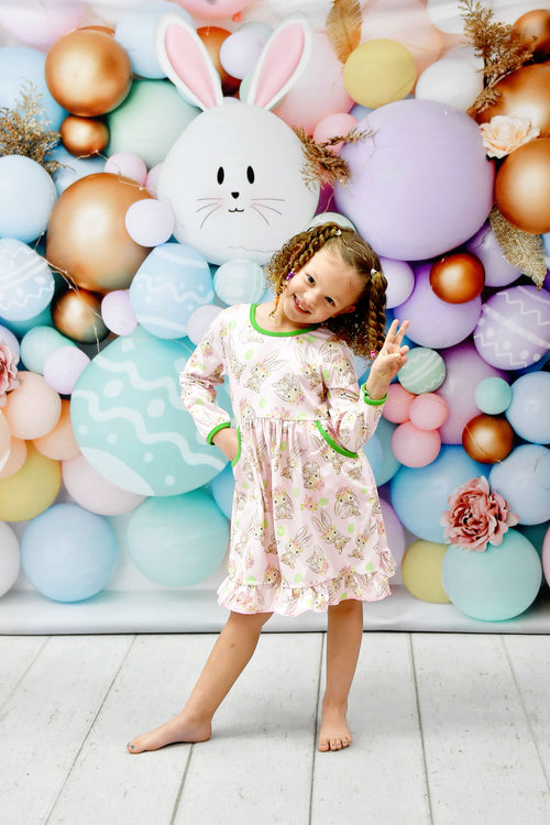 Bunny Flower Crown Long Sleeve Pocket Milk Silk Dress - Great Lakes Kids Apparel LLC