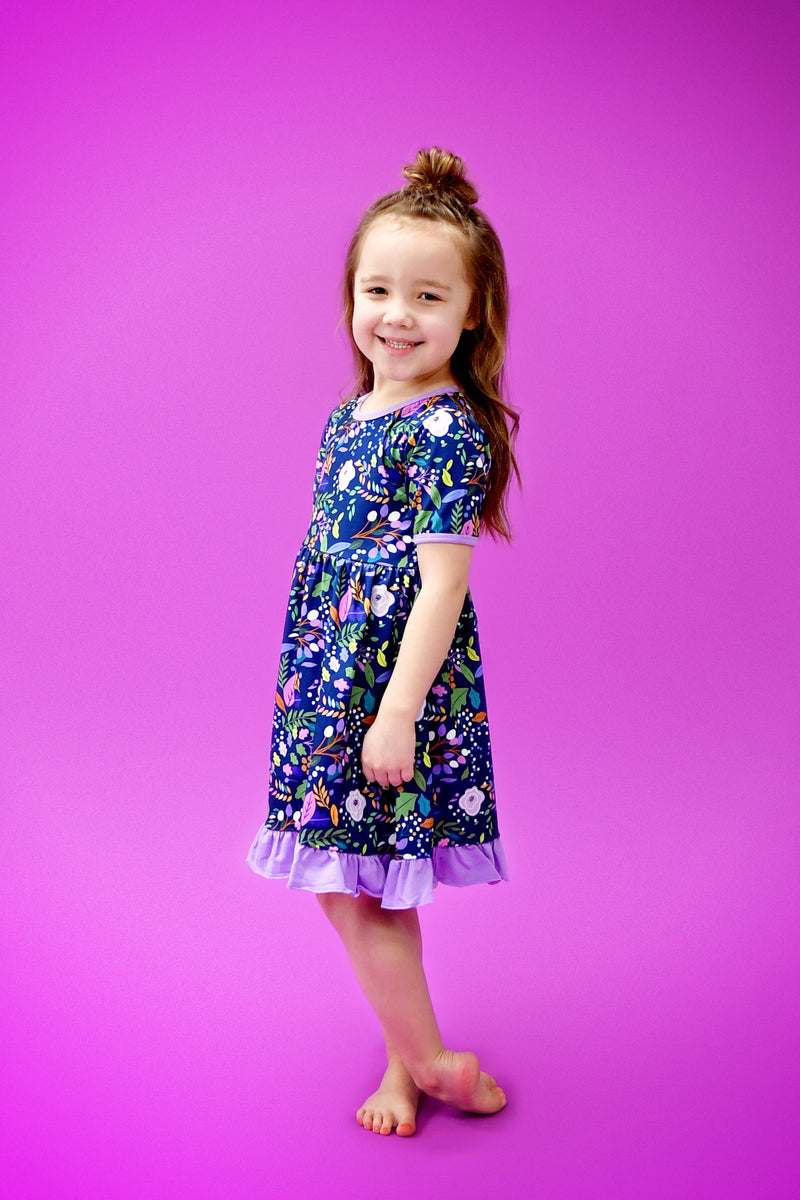 Purple Floral Short Sleeve Ruffle Dress - Great Lakes Kids Apparel LLC