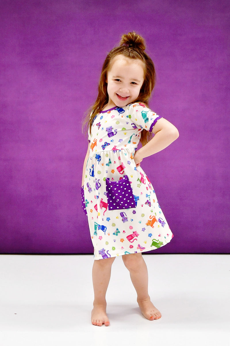 Cute Kitties Pocket Milk Silk Dress - Great Lakes Kids Apparel LLC