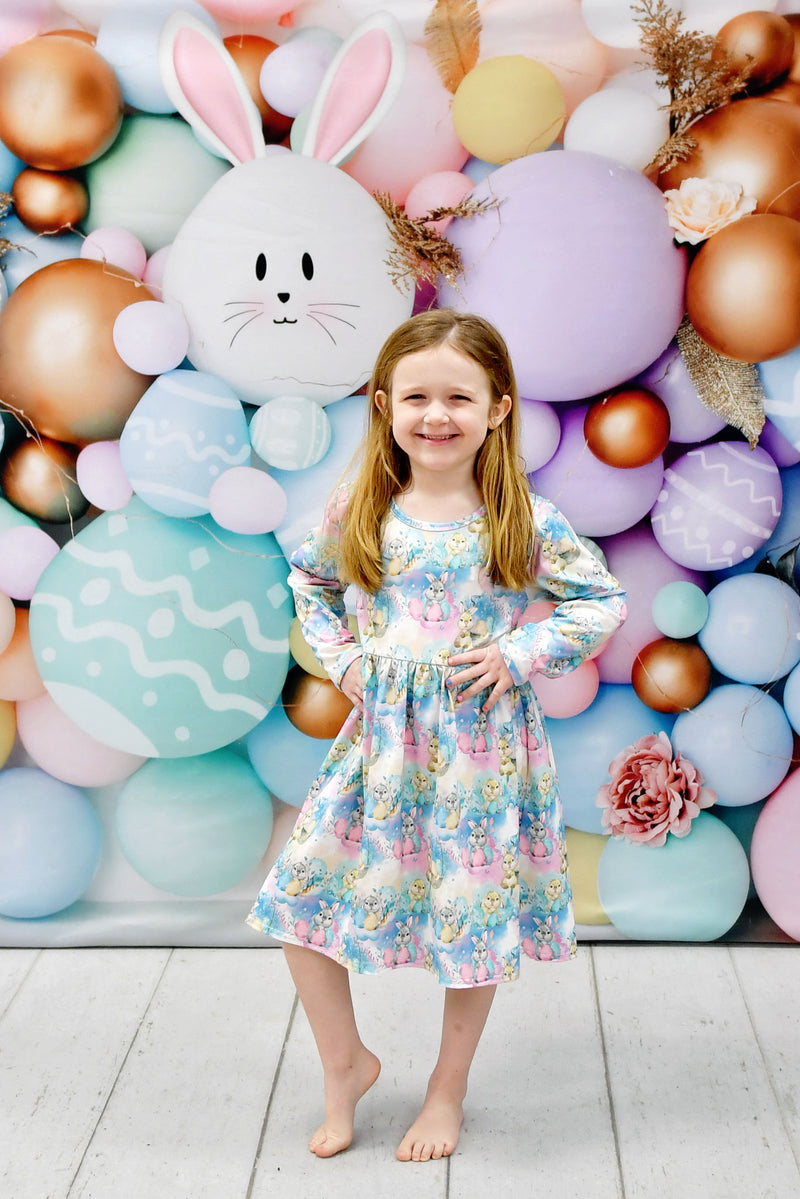 Pastel Bunnies Long Sleeve Milk Silk Dress - Great Lakes Kids Apparel LLC