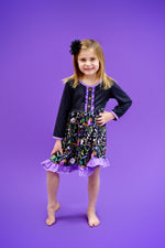 Purple And Black Floral Long Sleeve Milk Silk Dress - Great Lakes Kids Apparel LLC