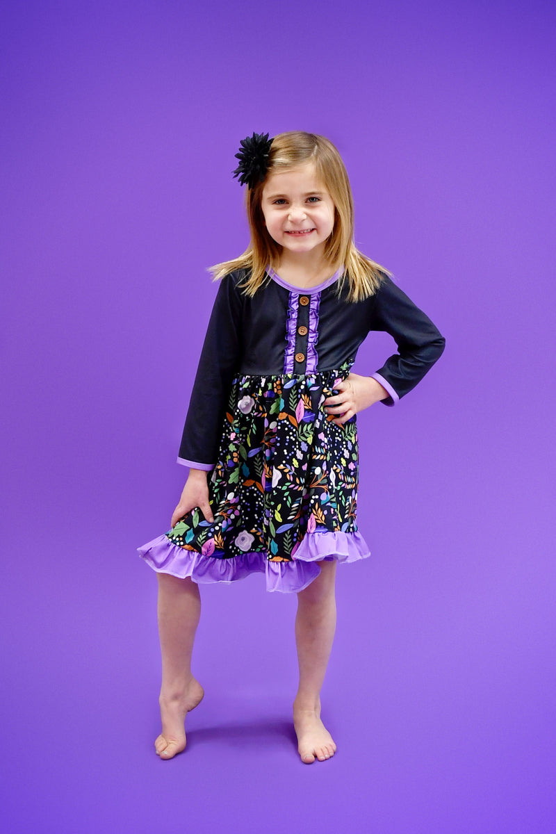 Purple And Black Floral Long Sleeve Milk Silk Dress - Great Lakes Kids Apparel LLC