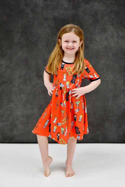 Space Wars Red Short Sleeve Milk Silk Dress - Great Lakes Kids Apparel LLC