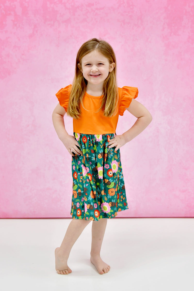 Orange Top Spring Bugs Long Flutter Milk Silk Dress - Great Lakes Kids Apparel LLC