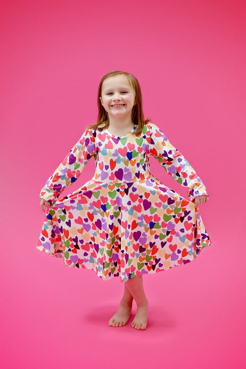 White Heart Long Sleeve Milk Silk Twirl Dress - Great Lakes Kids Apparel LLC