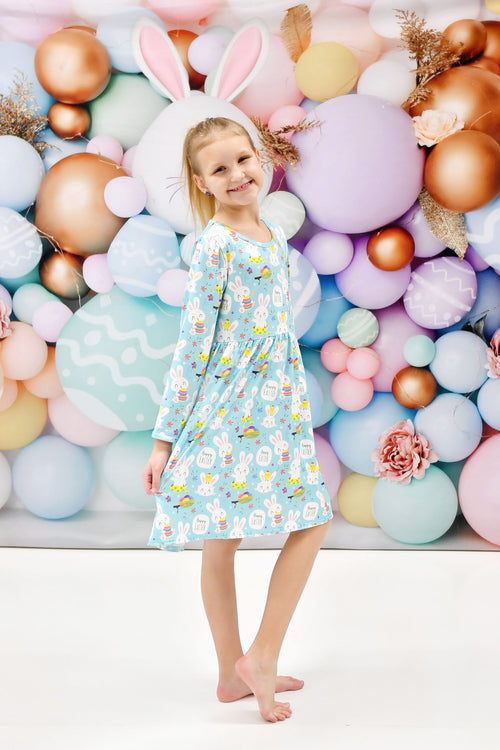 Happy Easter Bunny Long Sleeve Milk Silk Dress - Great Lakes Kids Apparel LLC