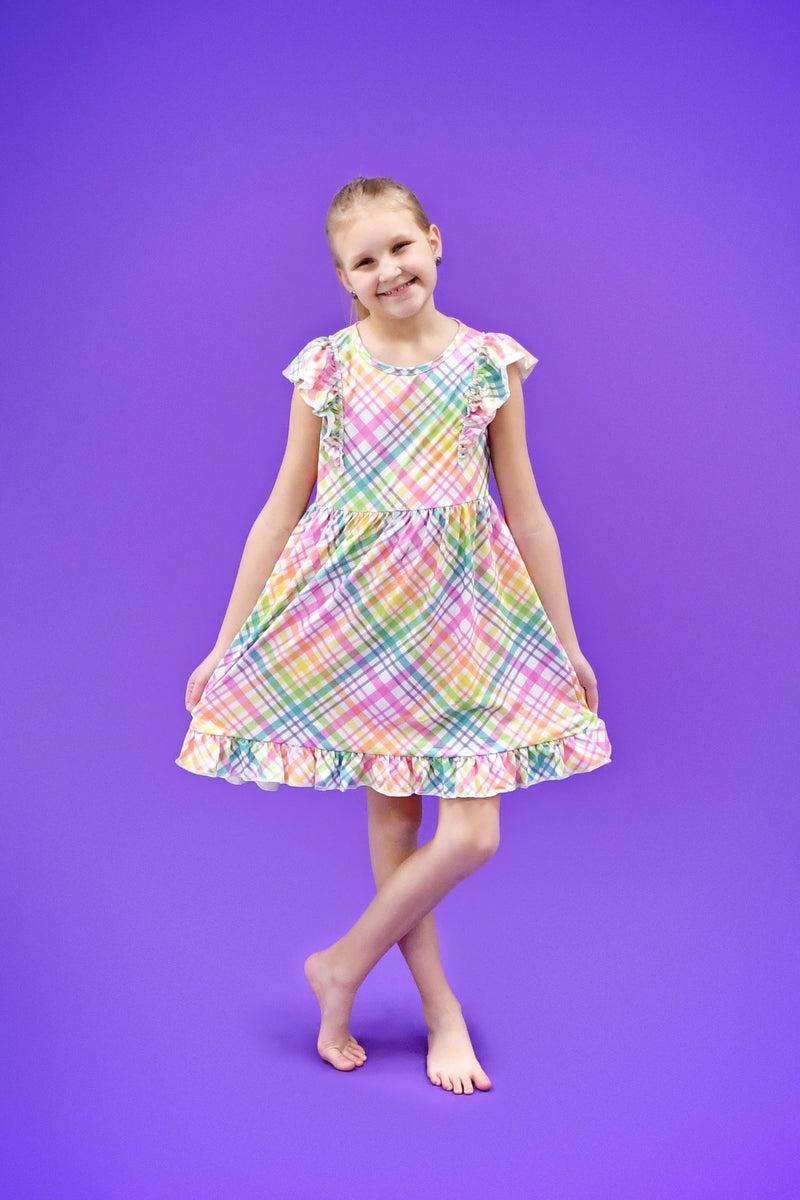 Light Plaid Tank Ruffle Milk Silk Dress - Great Lakes Kids Apparel LLC