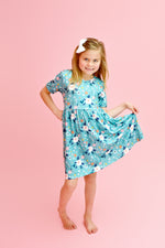 Teal Floral Short Sleeve Milk Silk Dress - Great Lakes Kids Apparel LLC