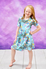 Blue Cheetah Rainbow Short Sleeve Milk Silk Dress - Great Lakes Kids Apparel LLC