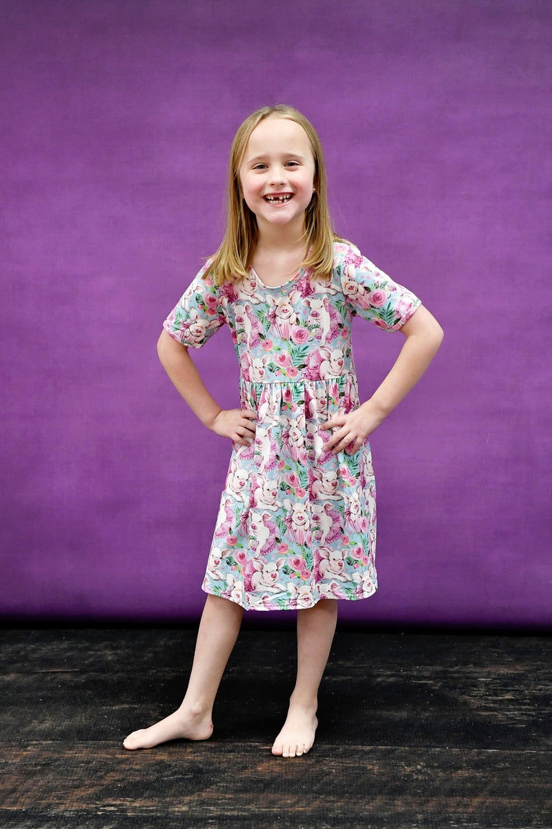 Rosey Pig Short Sleeve Milk Silk Dress - Great Lakes Kids Apparel LLC