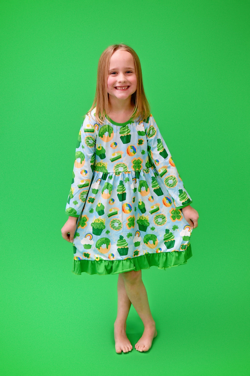 St. Patrick's Day Treats Ruffle Milk Silk Dress - Great Lakes Kids Apparel LLC