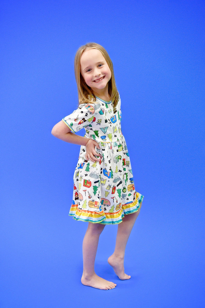 Camping Short Sleeve Ruffle Milk Silk Dress - Great Lakes Kids Apparel LLC