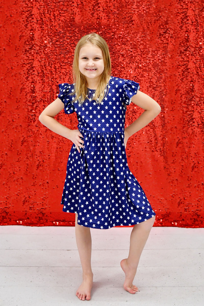 Navy Star Long Flutter Milk Silk Dress - Great Lakes Kids Apparel LLC