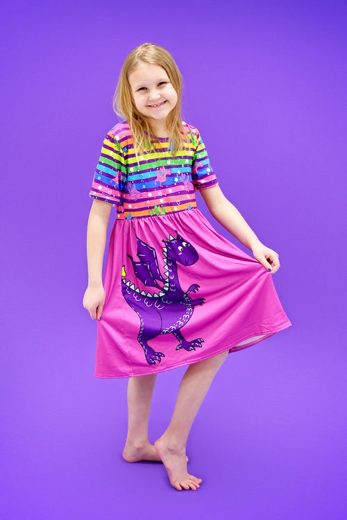 Dragon Short Sleeve Milk Silk Dress - Great Lakes Kids Apparel LLC