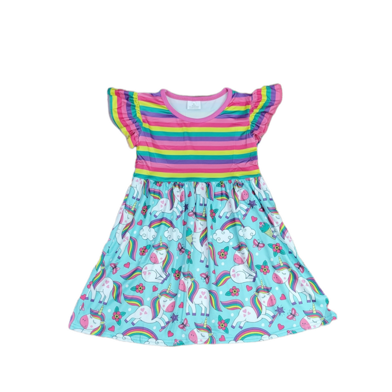 Rainbow Stripe Unicorn Long Flutter Milk Silk Dress - Great Lakes Kids Apparel LLC
