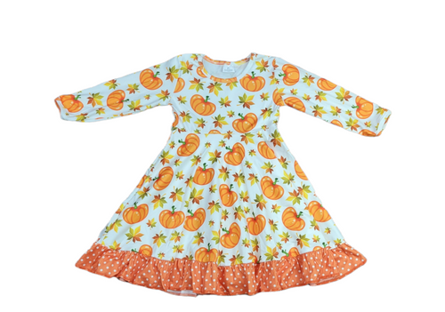 Pumpkin and Leaf Long Sleeve Ruffle Milk Silk Dress - Great Lakes Kids Apparel LLC