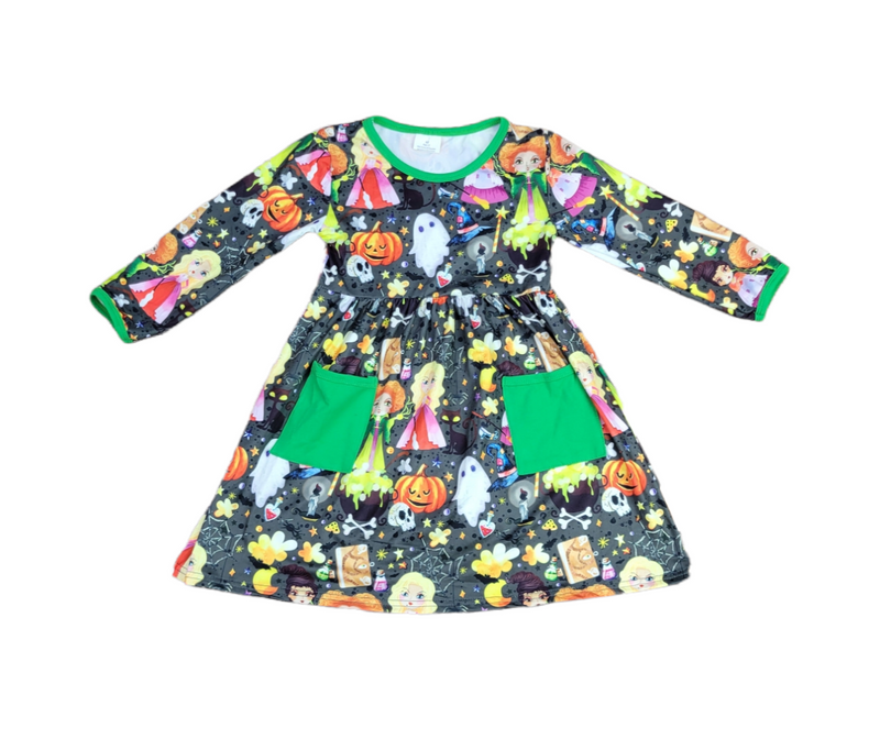 I Put A Spell On You Long Sleeve Milk Silk Pocket Dress - Great Lakes Kids Apparel LLC