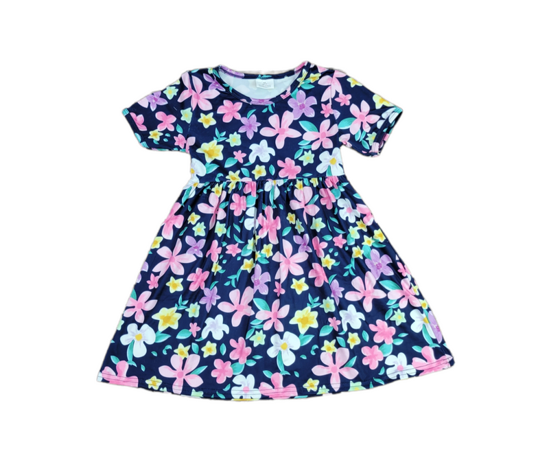 Blue Floral Short Sleeve Milk Silk Dress - Great Lakes Kids Apparel LLC