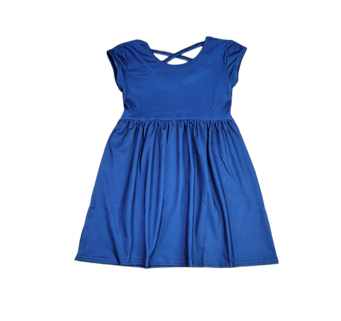 Royal Blue Solid Short Sleeve Cross Back Milk Silk Dress 3T Royal Blue Solid Short Sleeve Cross Back Milk Silk Dress 3T