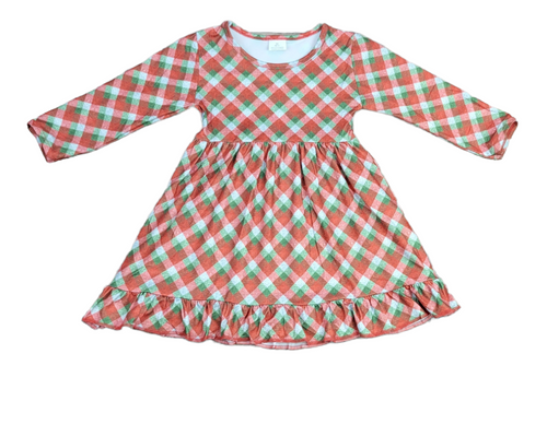 Red And Green Plaid Long Sleeve Ruffle Milk Silk Dress - Great Lakes Kids Apparel LLC