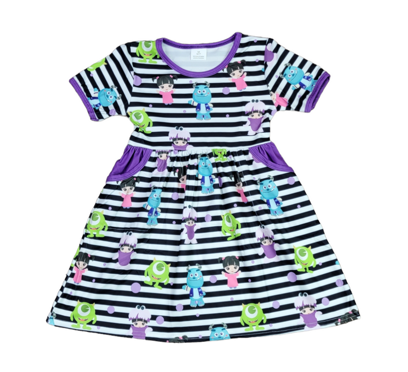 Monsters Short Sleeve Pocket Milk Silk Dress - Great Lakes Kids Apparel LLC