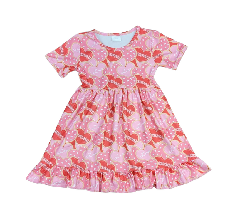 Valentine Cookie Hearts Short Sleeve Ruffle Milk Silk Dress - Great Lakes Kids Apparel LLC