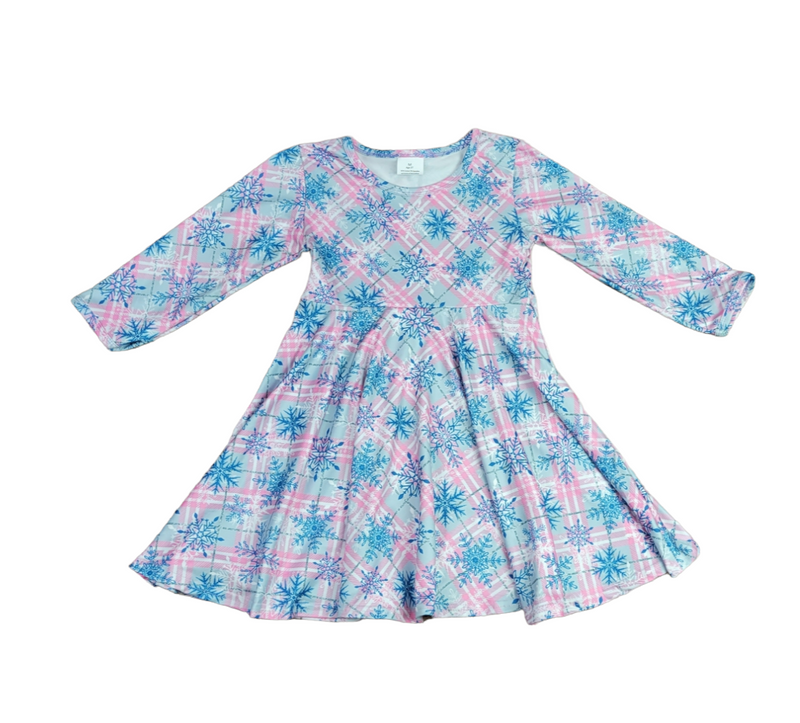 Pink Plaid Snowflake Long Sleeve Milk Silk Twirl Dress - Great Lakes Kids Apparel LLC