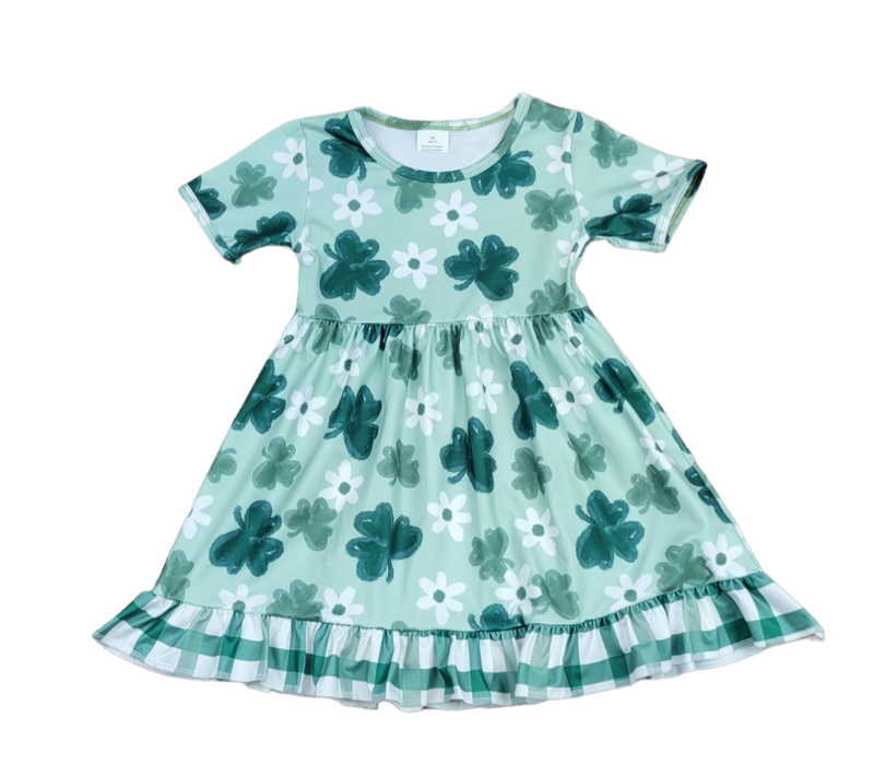 Lucky Shamrock Short Sleeve Ruffle Milk Silk Dress - Great Lakes Kids Apparel LLC
