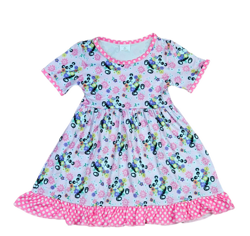 Spring Floral Panda Short Sleeve Ruffle Milk Silk Dress - Great Lakes Kids Apparel LLC
