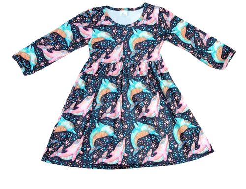 Bright Dolphin Long Sleeve Milk Silk Dress - Great Lakes Kids Apparel LLC